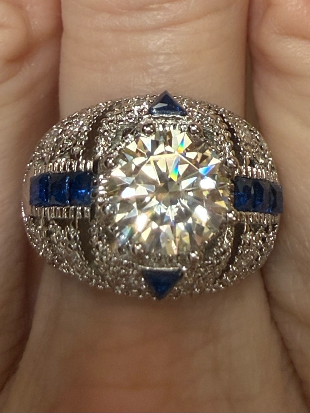 Vintage GRA CERTIFIED MOISSANITE DIAMOND 2CT & Sapphire Ring in baked silver - Picture 2 of 12